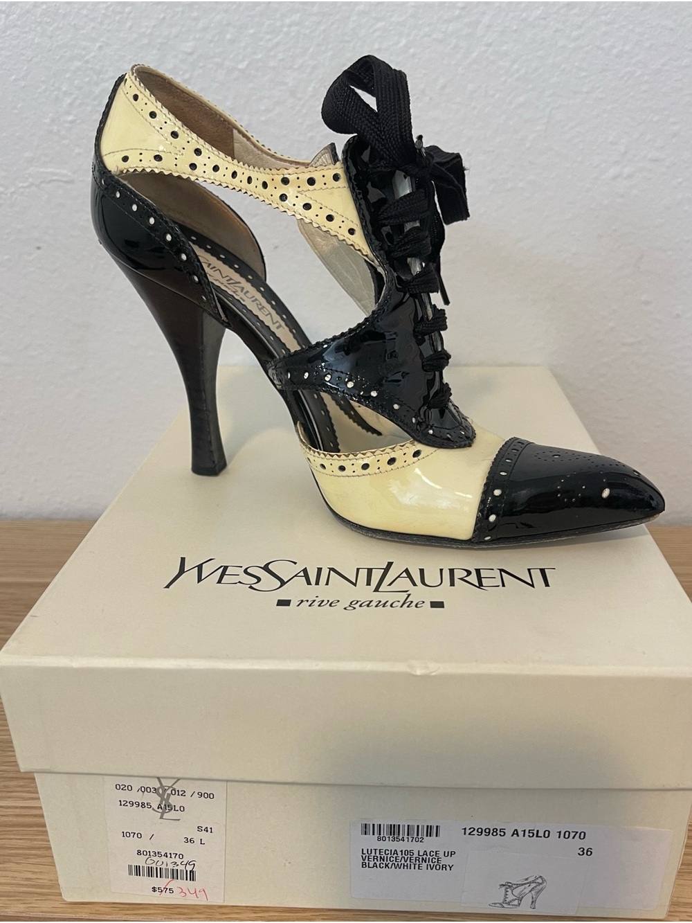Vintage Yves Saint Laurent Lutecia 105 Vernice Patent Black and Ivory Heels